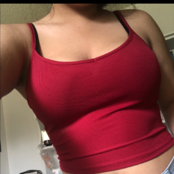 Cranberry ONLY:Ribbed spaghetti strap crop - Picture 1 of 8